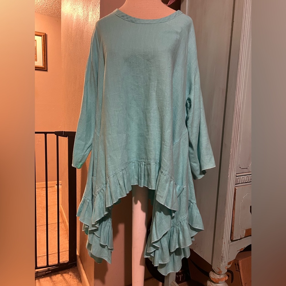 Heart’s Desire by Mary Grace Coastal Blue Ruffle Tunic Shirt Lagenlook XL